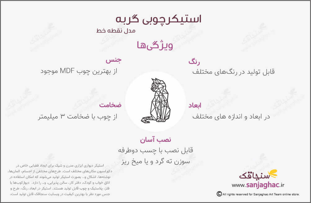 اینفوگرافی استیکر چوبی دیواری گربه، استیکر دیواری چوبی گربه، دیوارکوب چوبی گربه، استیکر دیواری چوبی، دیوارکوب چوبی، استیکر دیواری چوبی فانتزی، استیکر چوبی دیواری مدل نقطه و خط
