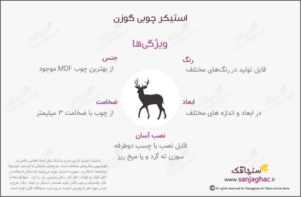 اینفوگرافی استیکر دیواری چوبی گوزن، استیکر دیواری چوبی گوزن، دیوارکوب چوبی گوزن، استیکر دیواری چوبی، دیوارکوب چوبی، استیکر دیواری چوبی فانتزی