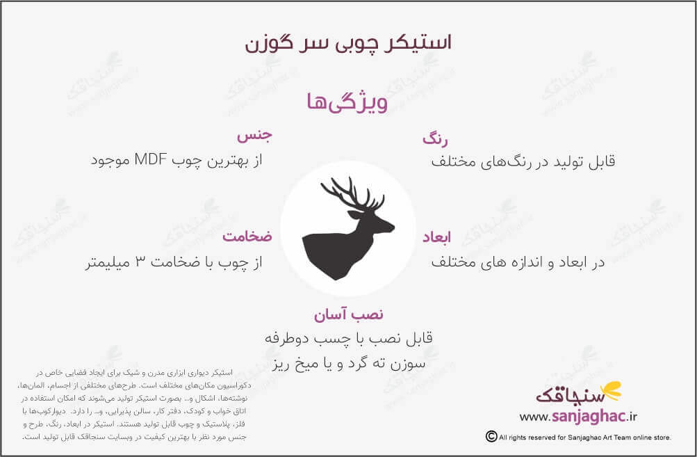 اینفوگرافی استیکر دیواری چوبی سر گوزن، استیکر دیواری چوبی سر گوزن، دیوارکوب چوبی سر گوزن، استیکر دیواری چوبی، دیوارکوب چوبی، استیکر دیواری چوبی فانتزی