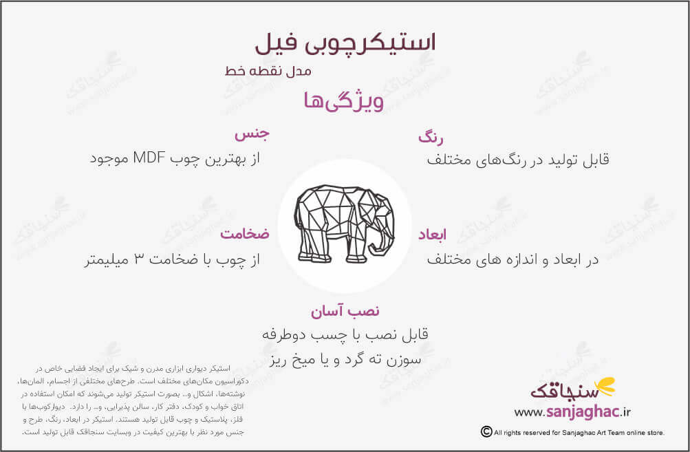 اینفوگرافی استیکر دیواری چوبی فیل، استیکر دیواری چوبی فیل، دیوارکوب چوبی فیل، استیکر دیواری چوبی، دیوارکوب چوبی، استیکر دیواری چوبی فانتزی، استیکر چوبی مدل نقطه و خط